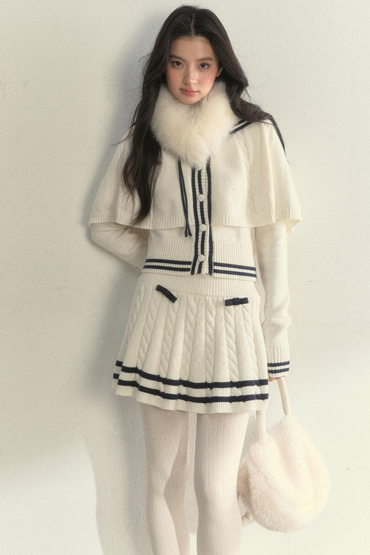 Vintage Navy Twist-Knit Cape Sweater Skirt Set-Up