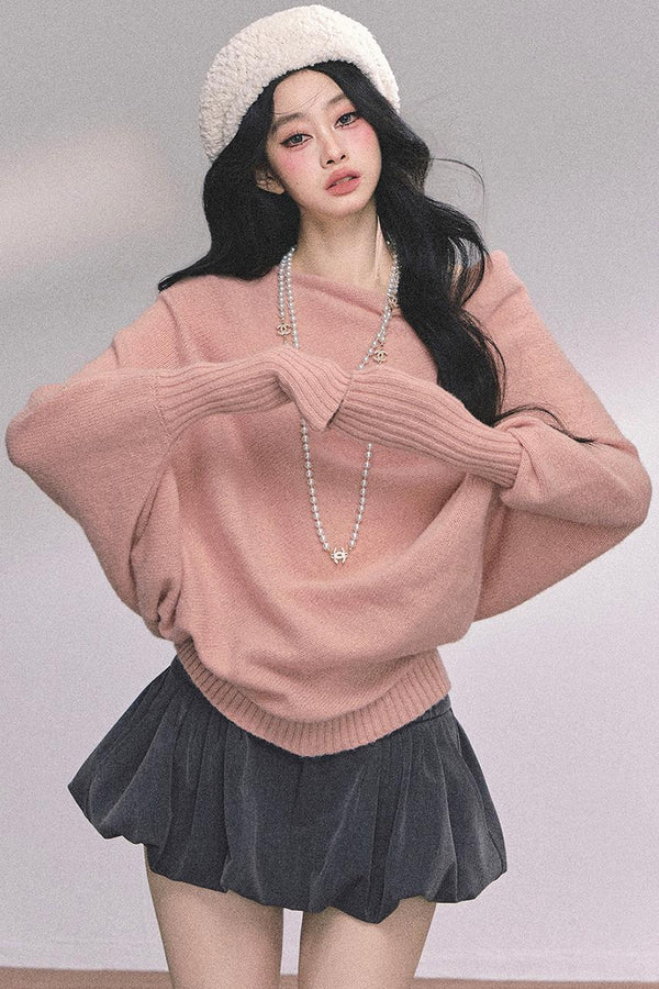 Soft Slanted Shoulder Knitted Sweater
