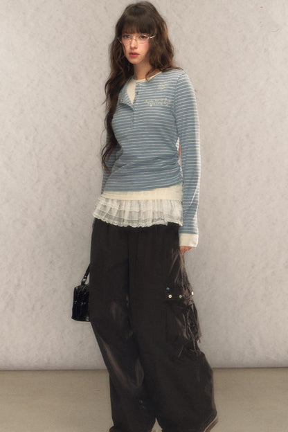 Striped Short Slim Long-Sleeved Top