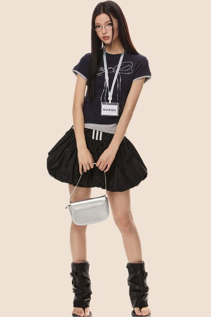 EZEK 아메리칸 3D 활 프린트 반팔 티셔츠 여성 여름 신상 베이비 주름 가짜 투피스 탑 타이드 