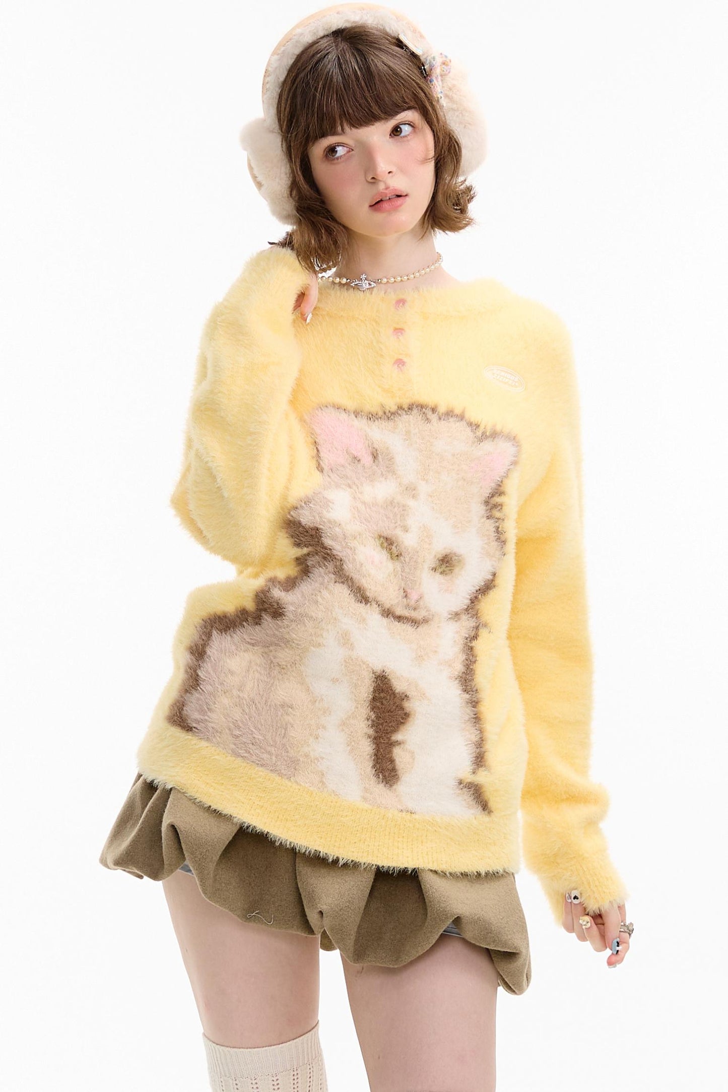 Yellow Cat Print Sweater