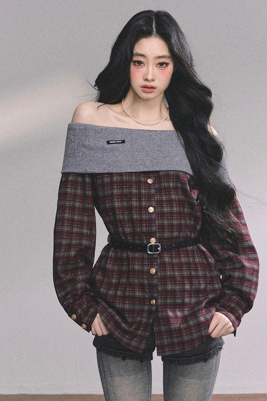 Autumn Waist Slimming Plaid Knit Top