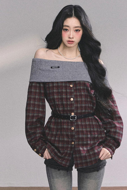 Autumn Waist Slimming Plaid Knit Top
