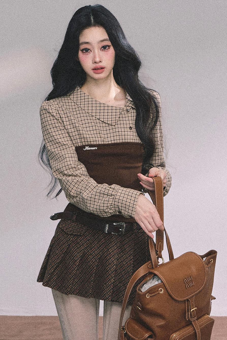 Knitted Long-Sleeved Plaid Top