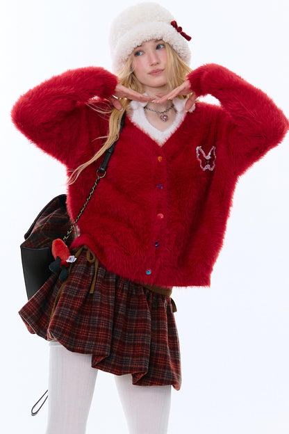 American-Style Red Cardigan Sweater