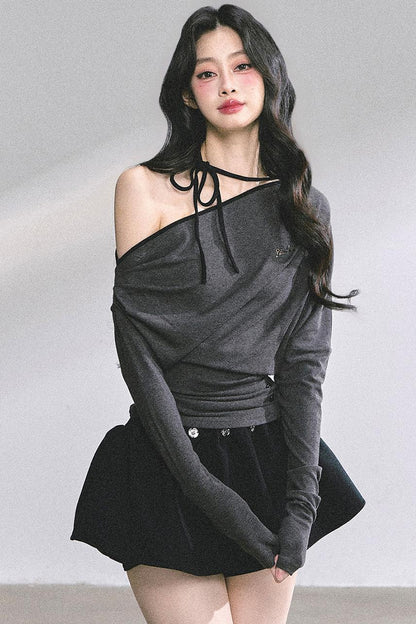 Korean Autumn Gray Halterneck Top