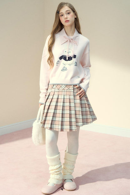 Pink Plaid Wool Pleated Skirt