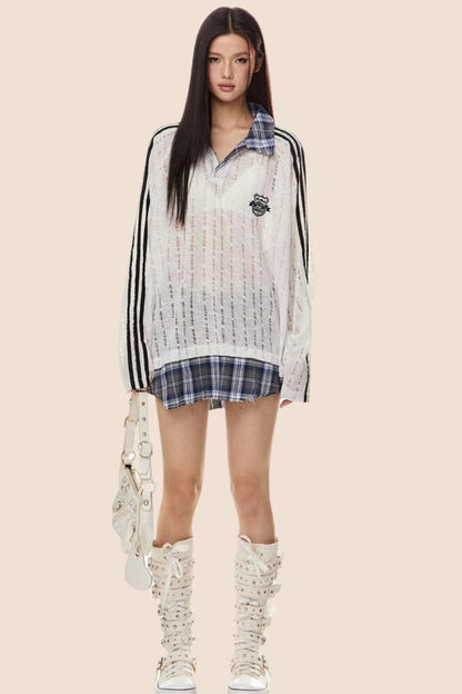 EZEK 아메리칸 레트로 스트라이프 스티칭 대비 약간 투명한 컷아웃 풀오버 스웨트셔츠 여성용 루즈 캐주얼 베이비 탑 타이드 