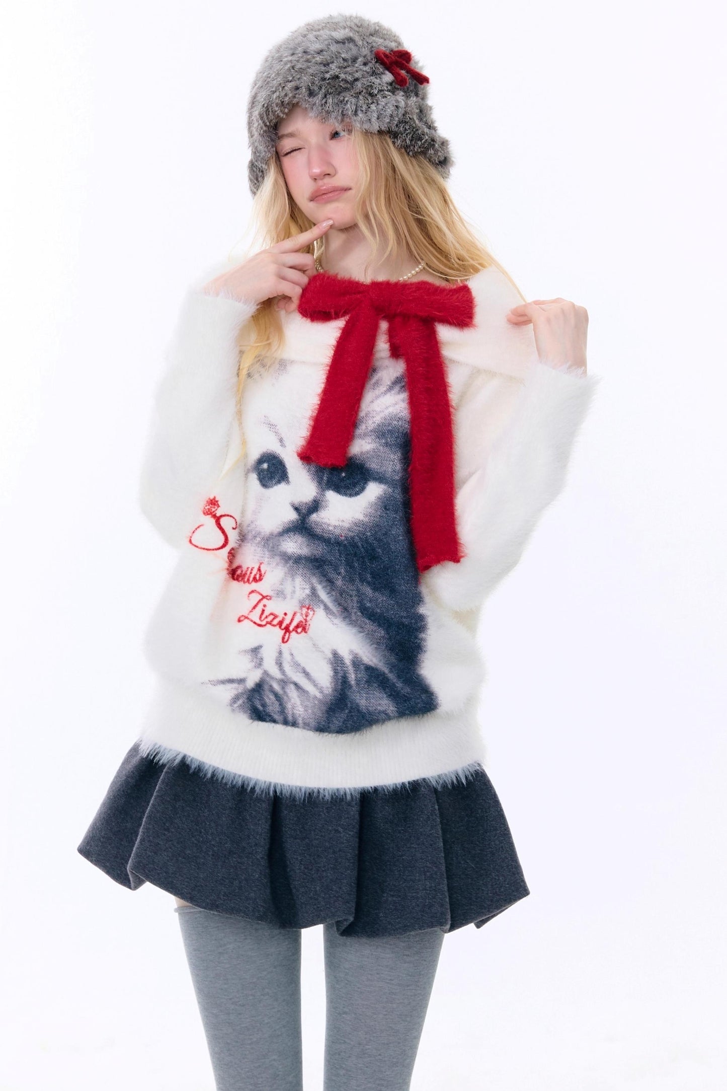 Cat Print Off-Shoulder Sweater