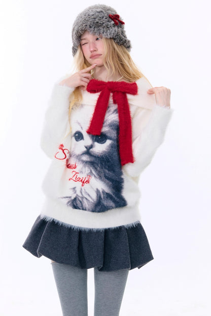 Cat Print Off-Shoulder Sweater