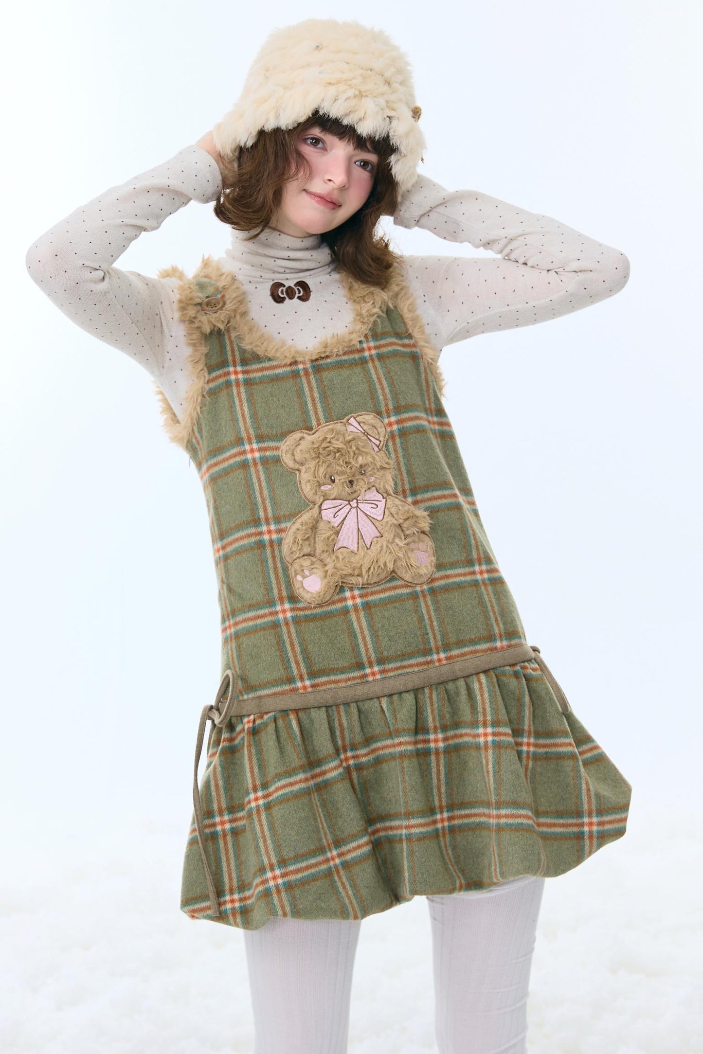 Green Plaid Teddy Vest Dress
