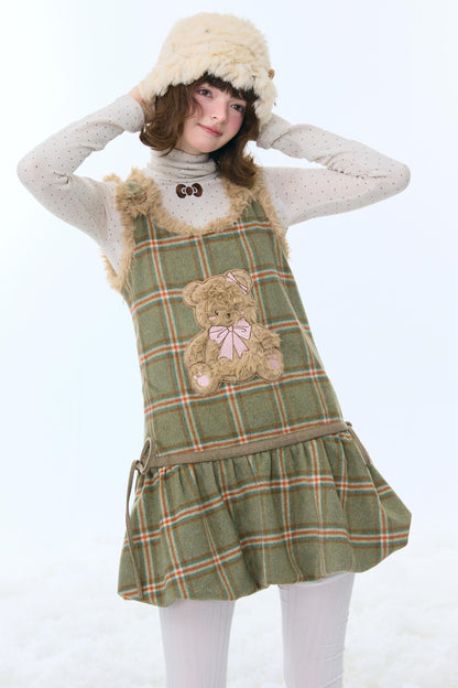 Green Plaid Teddy Vest Dress