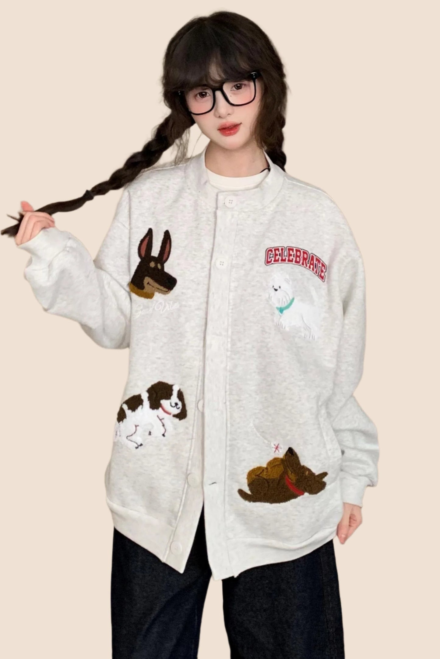 EZEK 아메리칸 레트로 자수 만화 강아지 재미있는 캐주얼 가디건 스웨트셔츠 여성용 게으른 바람 느슨한 bf 자켓 유행 