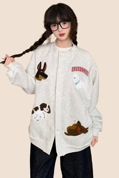 EZEK 아메리칸 레트로 자수 만화 강아지 재미있는 캐주얼 가디건 스웨트셔츠 여성용 게으른 바람 느슨한 bf 자켓 유행 