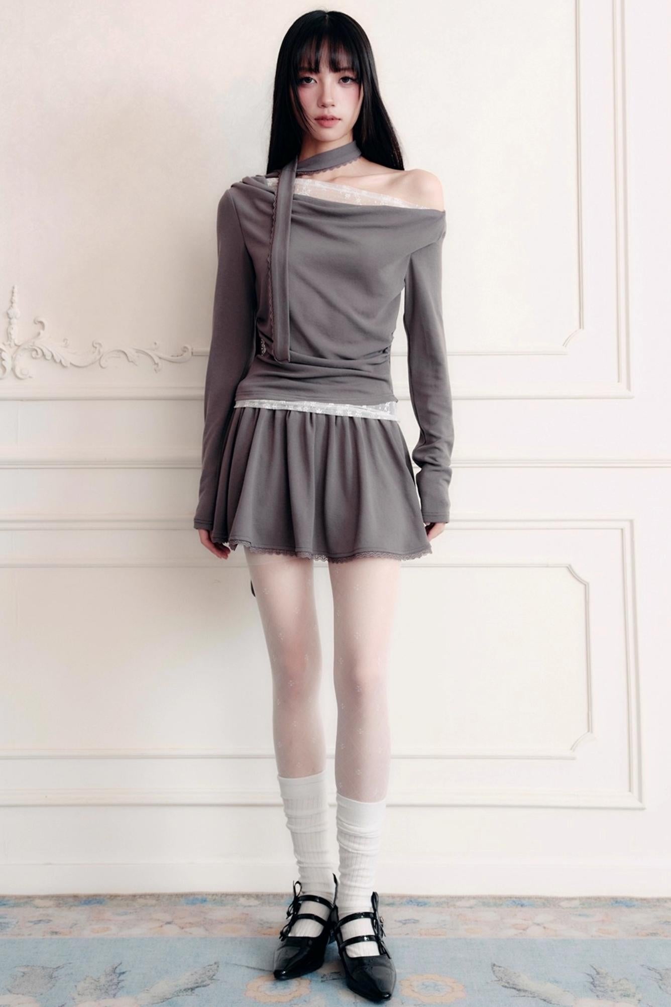 Green Lace Knit Top Skirt Set-Up