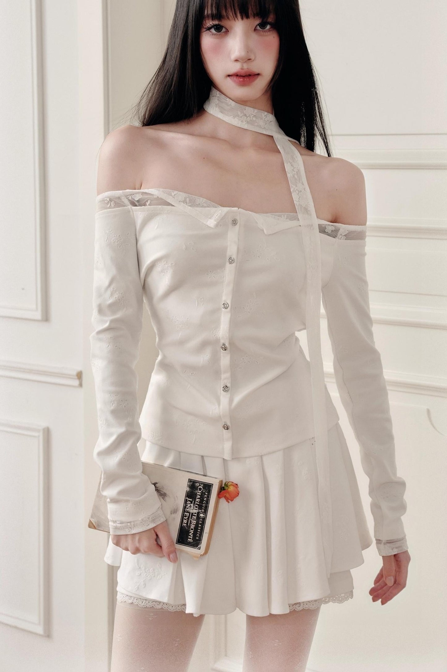 Luxury Moonlight Lace One-Shoulder Top Embroidered Skirt Set-Up