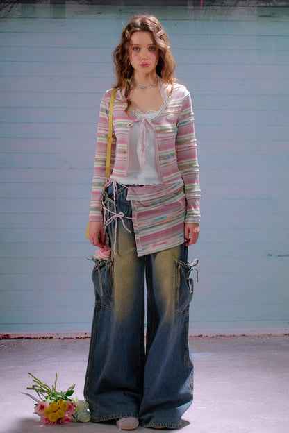 Cardigan court à rayures contrastées 