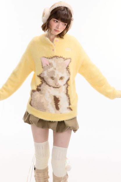 Yellow Cat Print Sweater