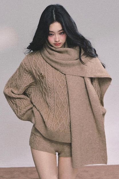 Winter Knitted Scarf Sweater Shorts Set-Up