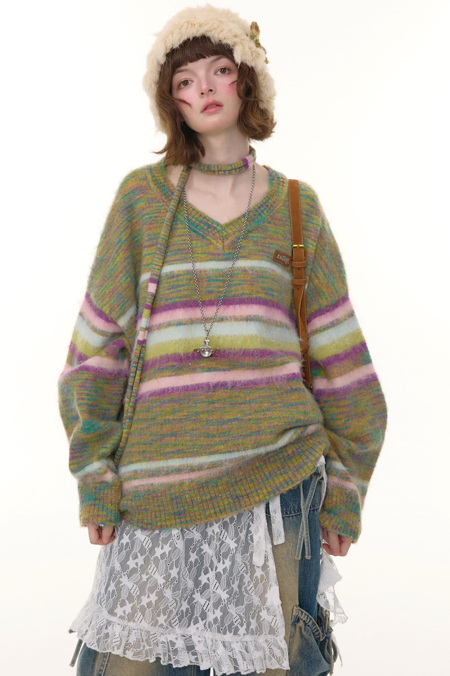 Autumn Winter Color-Blocking Striped V-Neck Sweater