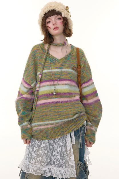 Autumn Winter Color-Blocking Striped V-Neck Sweater