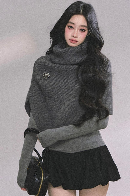 Lightweight Knit Shawl Turtleneck Sweater Set