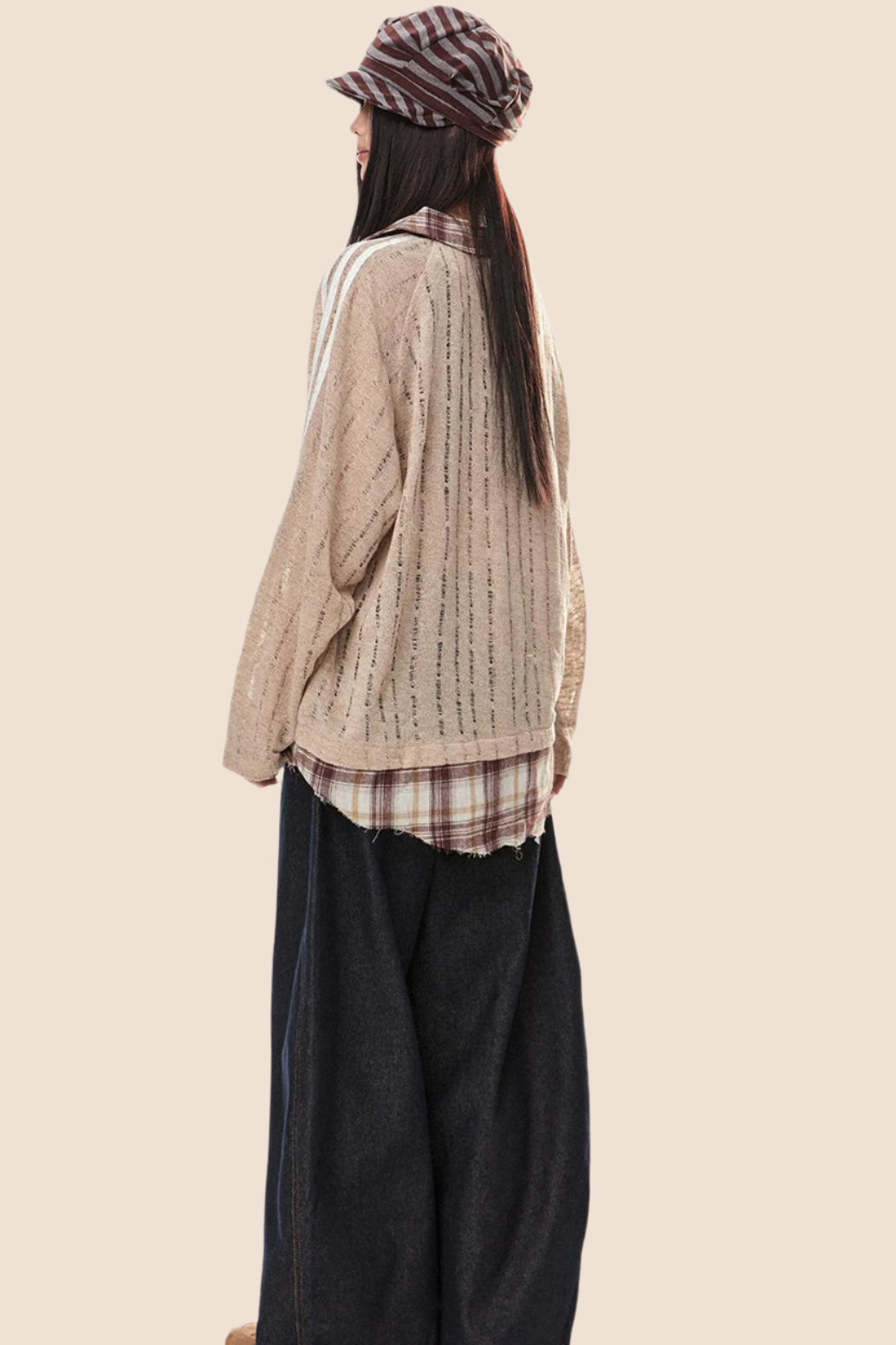 EZEK 아메리칸 레트로 스트라이프 스티칭 대비 약간 투명한 컷아웃 풀오버 스웨트셔츠 여성용 루즈 캐주얼 베이비 탑 타이드 