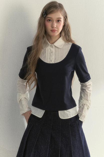 Retro Navy Blue Two-Piece Blouse