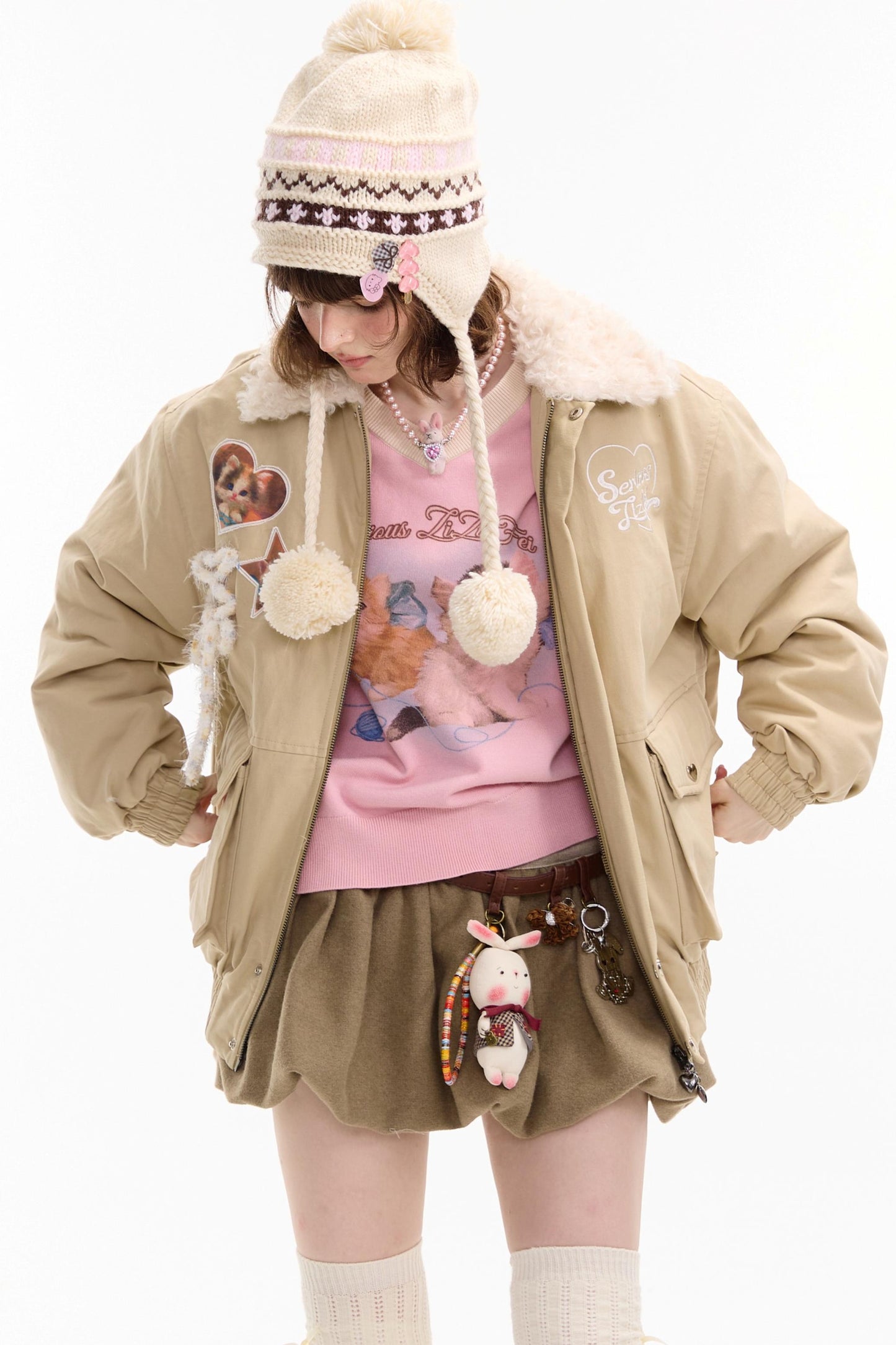 Cat Pattern Workwear Style Slimming Cotton Jacket