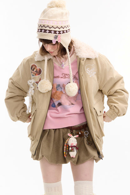 Cat Pattern Workwear Style Slimming Cotton Jacket