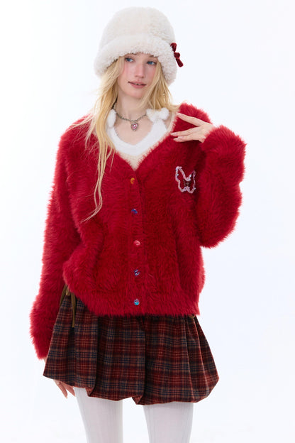 American-Style Red Cardigan Sweater