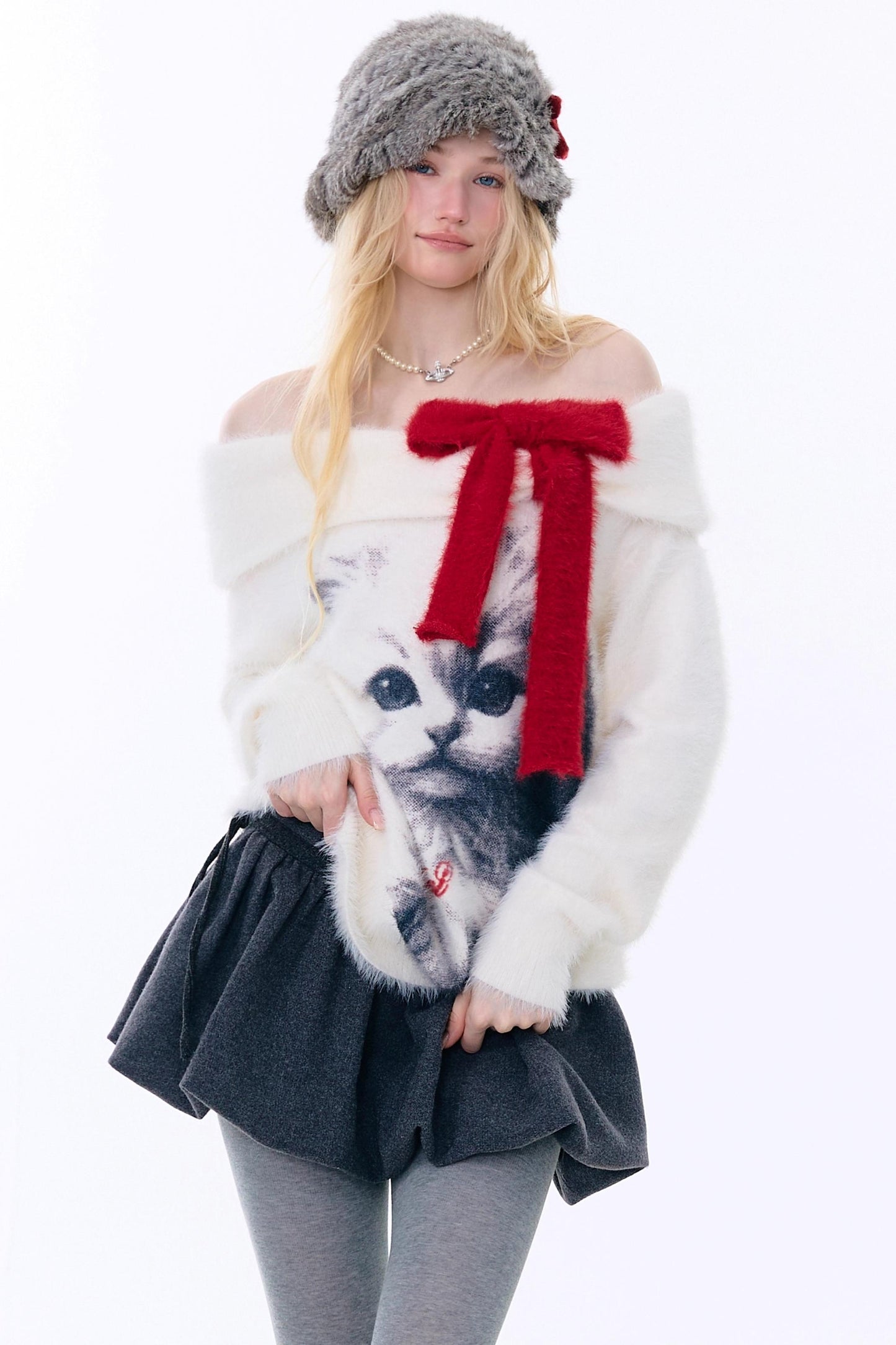 Cat Print Off-Shoulder Sweater