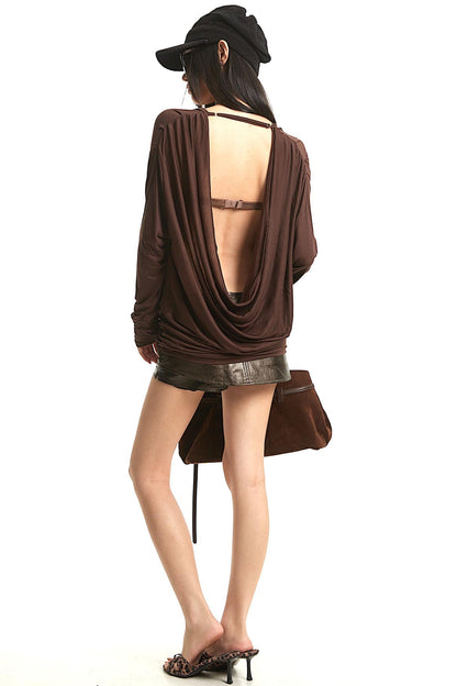 Retro Brown Backless Blouse