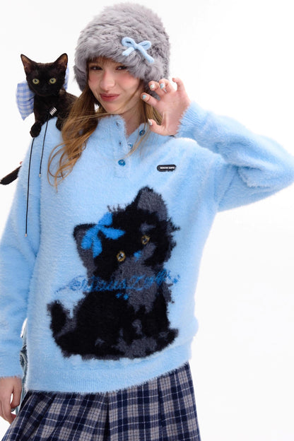 Blauer Katzendruck-Pullover