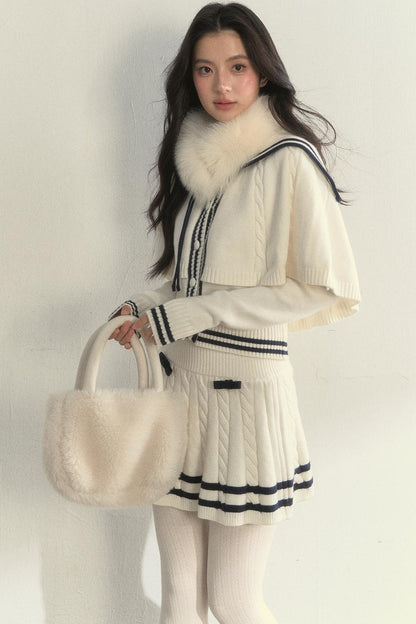 Vintage Navy Twist-Knit Cape Sweater Skirt Set-Up