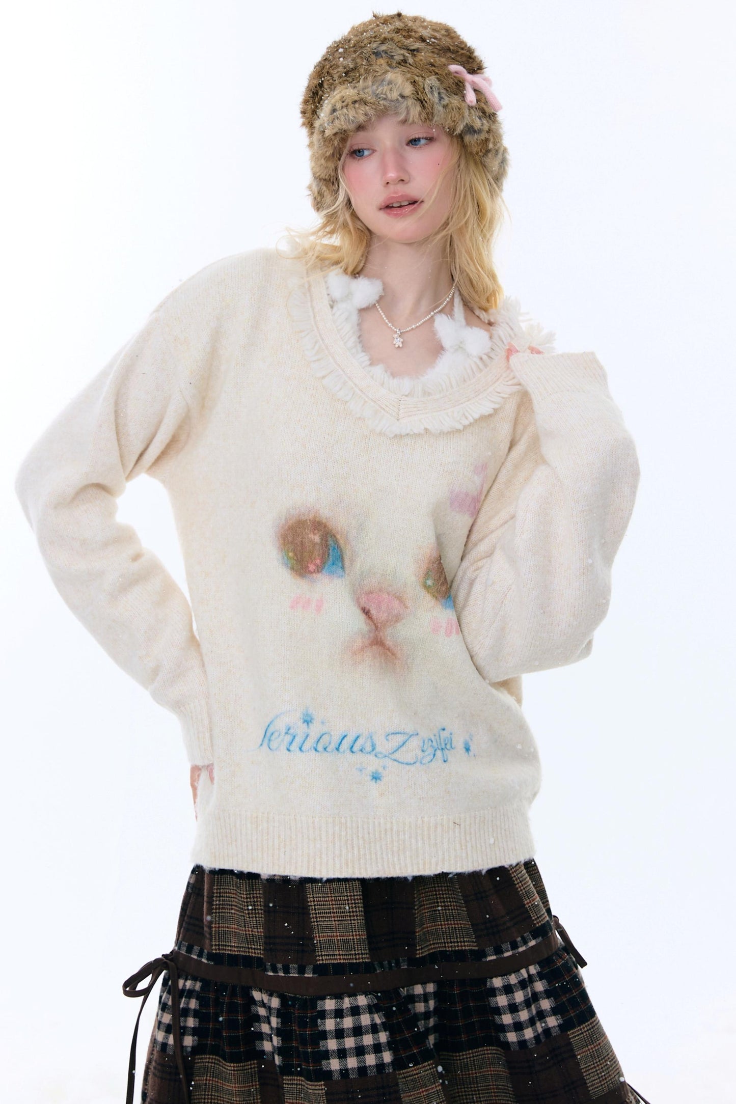 American Retro Cat Plush Sweater