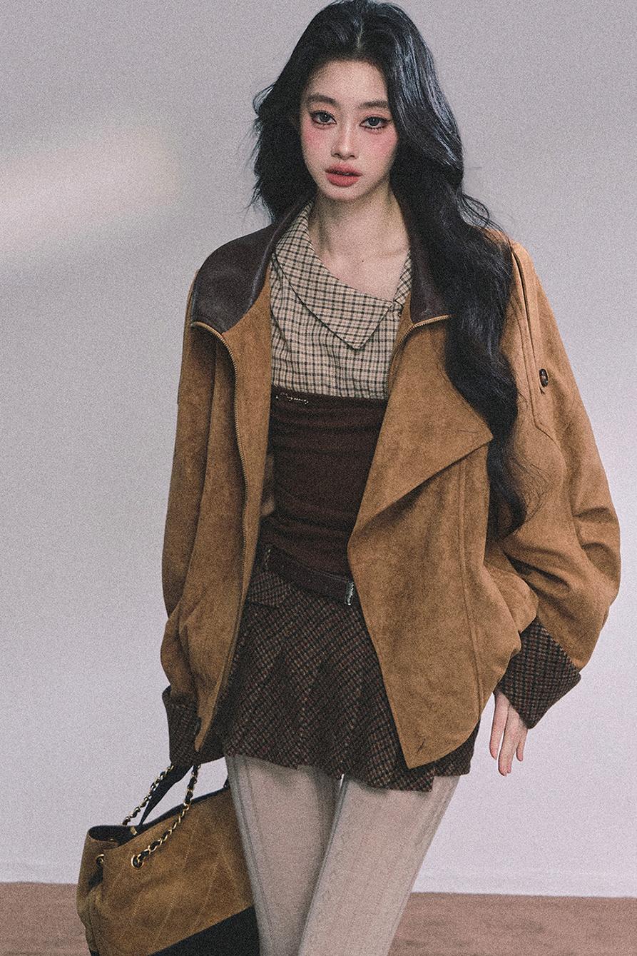 Knitted Long-Sleeved Plaid Top