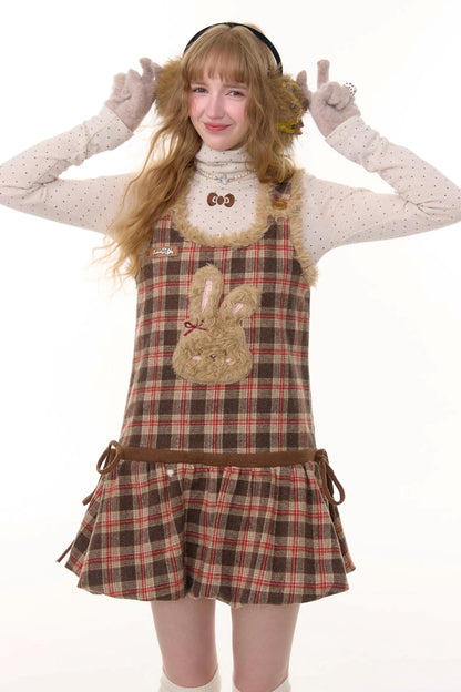 Autumn Reddish-Brown Plaid Rabbit Pocket Vest Dress