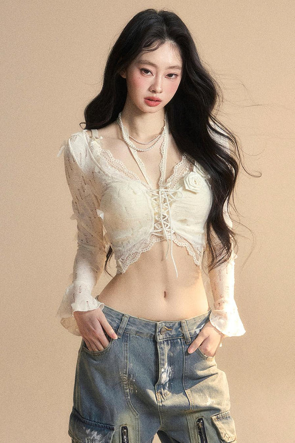 Lace Hollow Neck Long Sleeve Tee Set