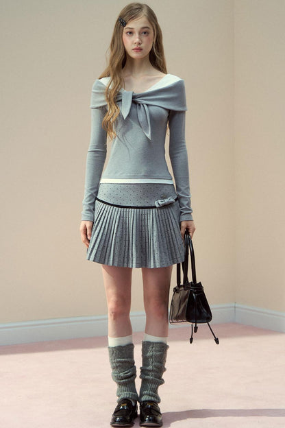 Gray Wool Polka Dot Pleated Skirt
