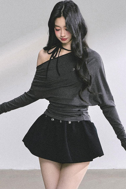 Korean Autumn Gray Halterneck Top