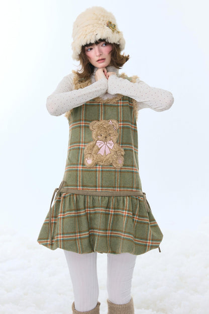 Green Plaid Teddy Vest Dress