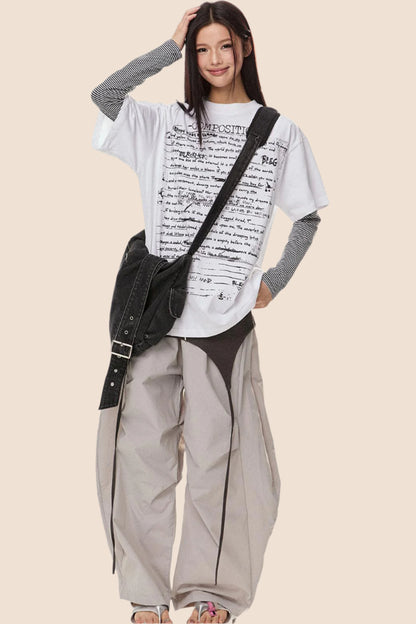 EZEK 아메리칸 레트로 타고르 시 디자인 감각 반팔 티셔츠 여성 하이스트리트 루즈 슬림 숄더 탑 트렌드 