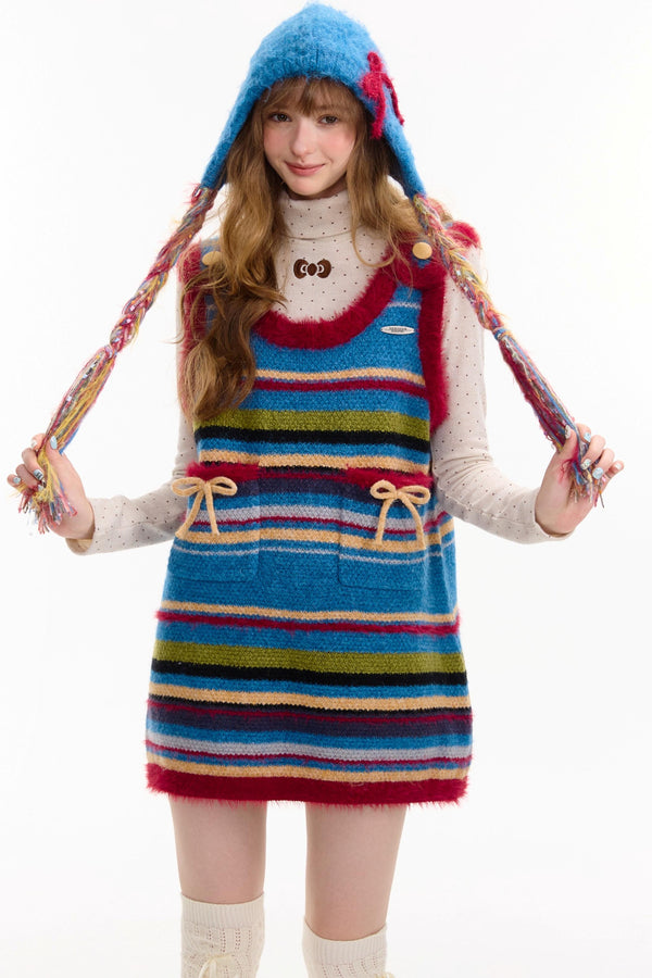 American Retro Striped Bow Knitted Vest Dress
