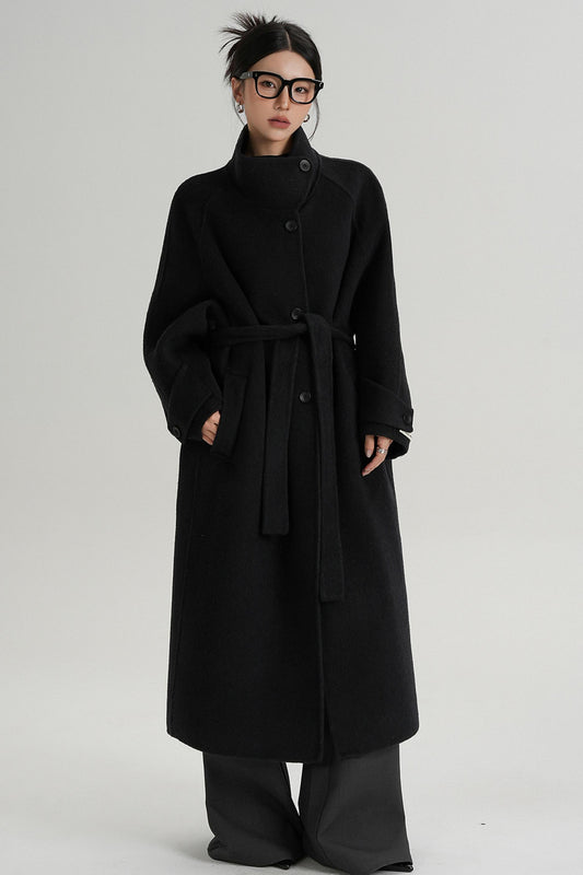 Temperament Diagonal Buckle Wool Coat