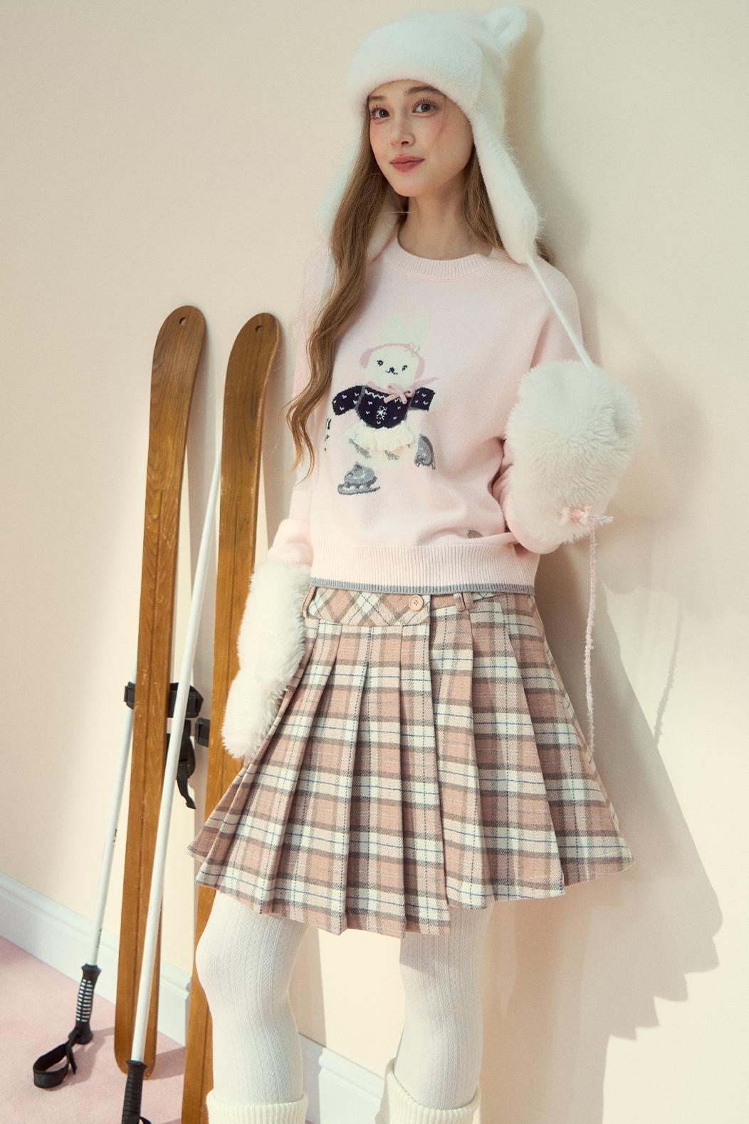 Pink Plaid Wool Pleated Skirt