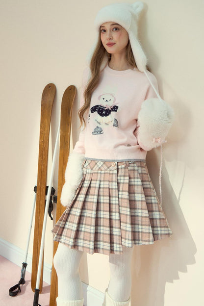 Pink Plaid Wool Pleated Skirt