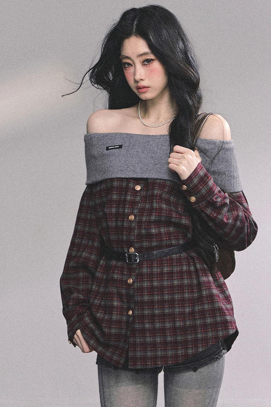Autumn Waist Slimming Plaid Knit Top