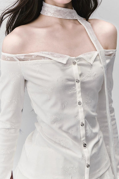 Luxury Moonlight Lace One-Shoulder Top Embroidered Skirt Set-Up