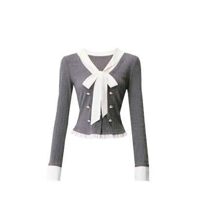 Bow Knit Fake Two-Piece College Top Set-Up